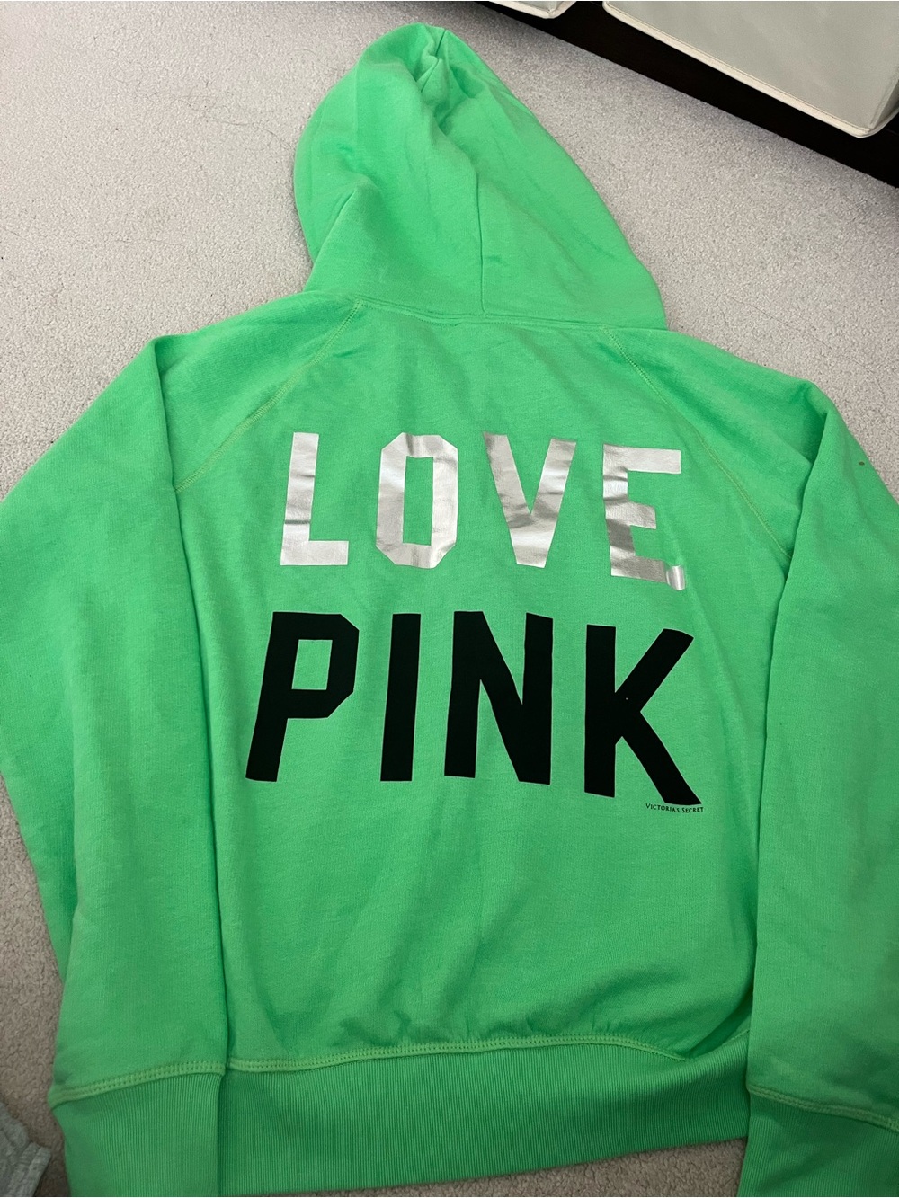 PINK Victoria's Secret Green Zip up Hoodie - 'LOVE PINK' Back Print